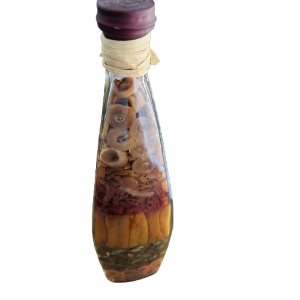 Vintage Shonfeld's Triangular Shaped Infused Chili & Vegetable Glass Bottle Deco